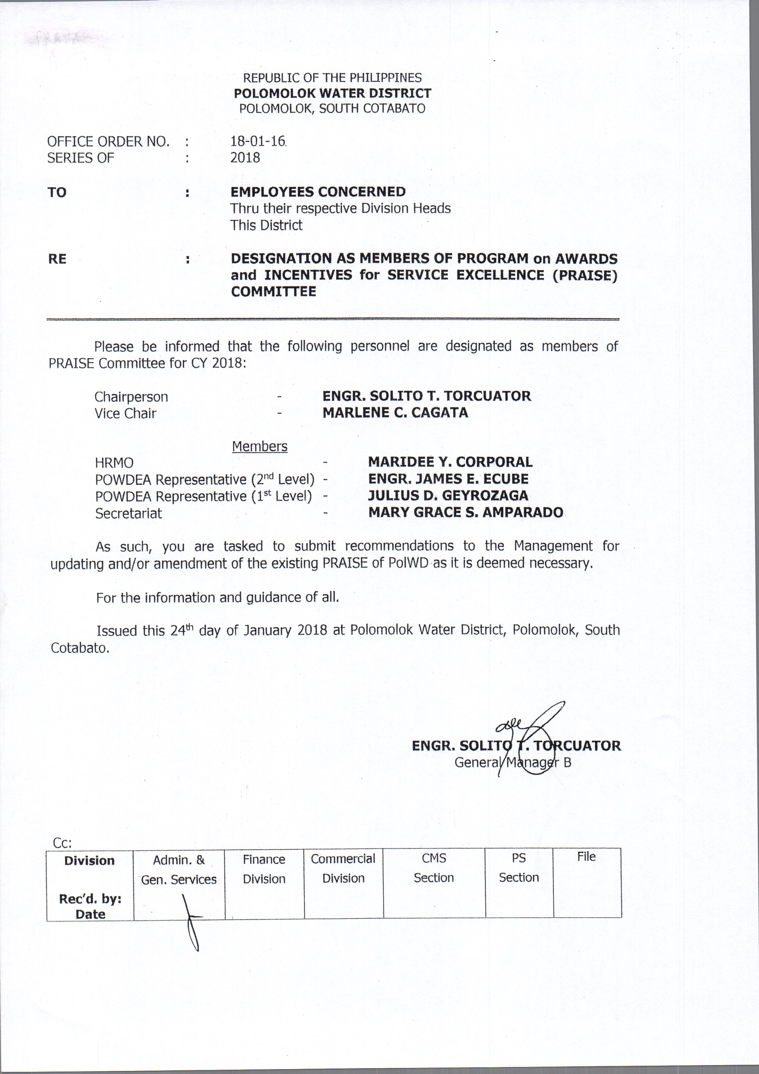 Office Order – Polomolok Water District
